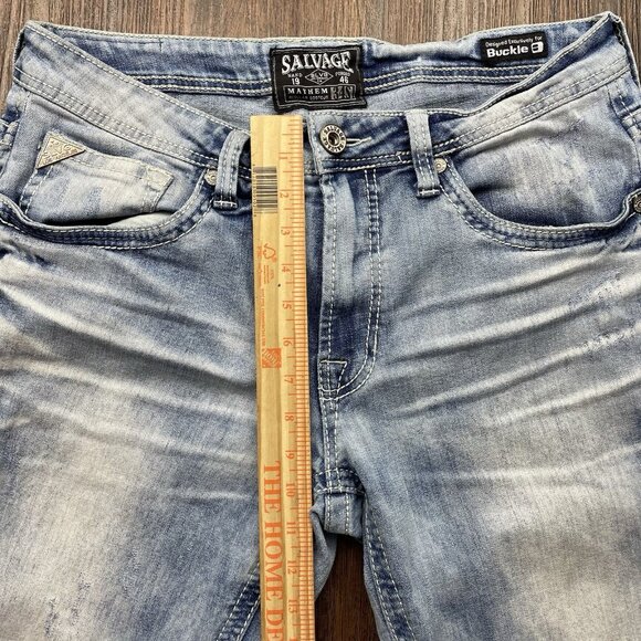 Buckle Salvage Supply Mayhem Bootcut Jeans 34x30 Light Blue Stretch Flap Pocket - Picture 9 of 11